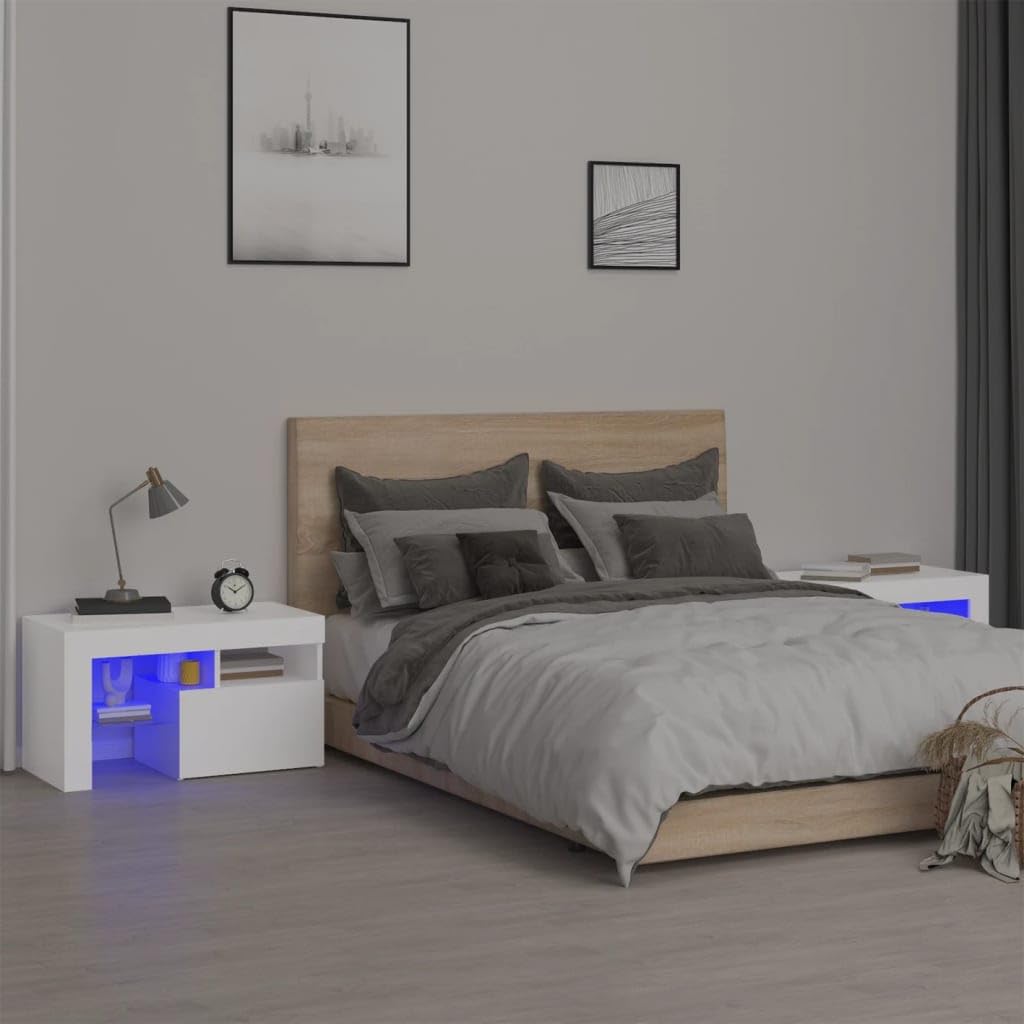vidaXL Modern Bedside Cabinets with LED Lights in White - Made from Engineered Wood - Set of 2-27.6"x14.4"x15.7" Measurements